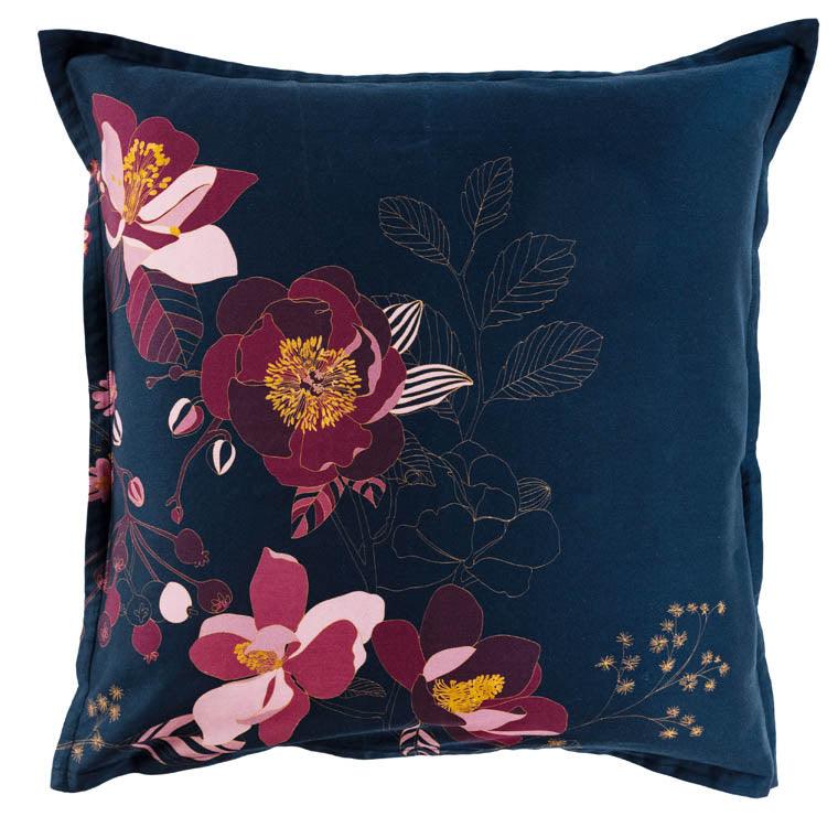 Square Pillowcase in Cotton Satin Divine Night Blue Floral - Carré Blanc Canada